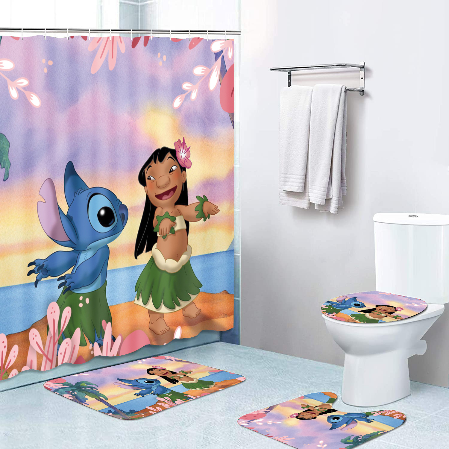 Amazon Stitch Shower Curtain Four-Piece Waterproof Shower Curtain Carpet Non-Slip Mat Toilet Mat Floor Mat Set