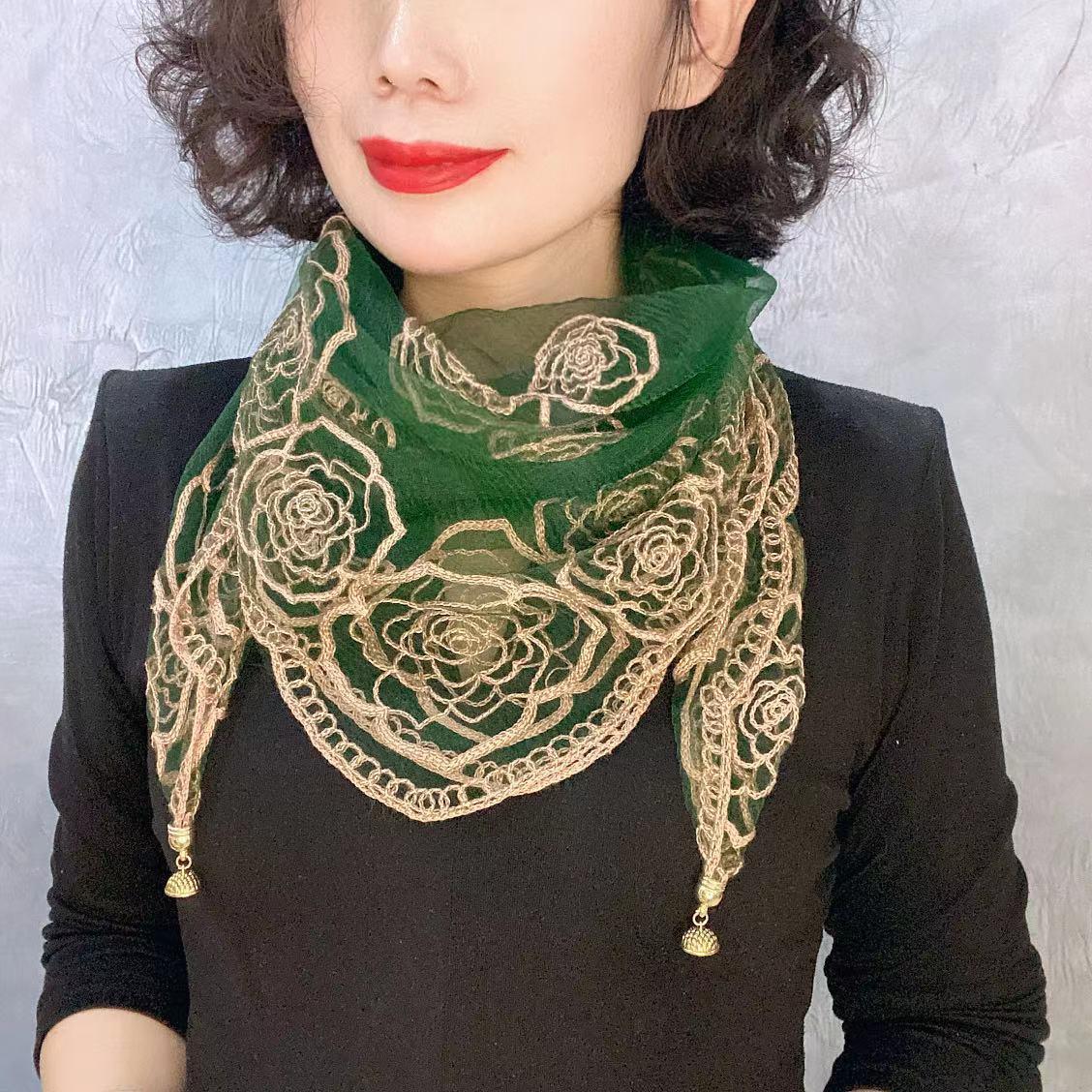 80*80刺绣方巾磁扣靓丽丝巾多功能纱巾时尚百搭薄款遮颈纹围巾女