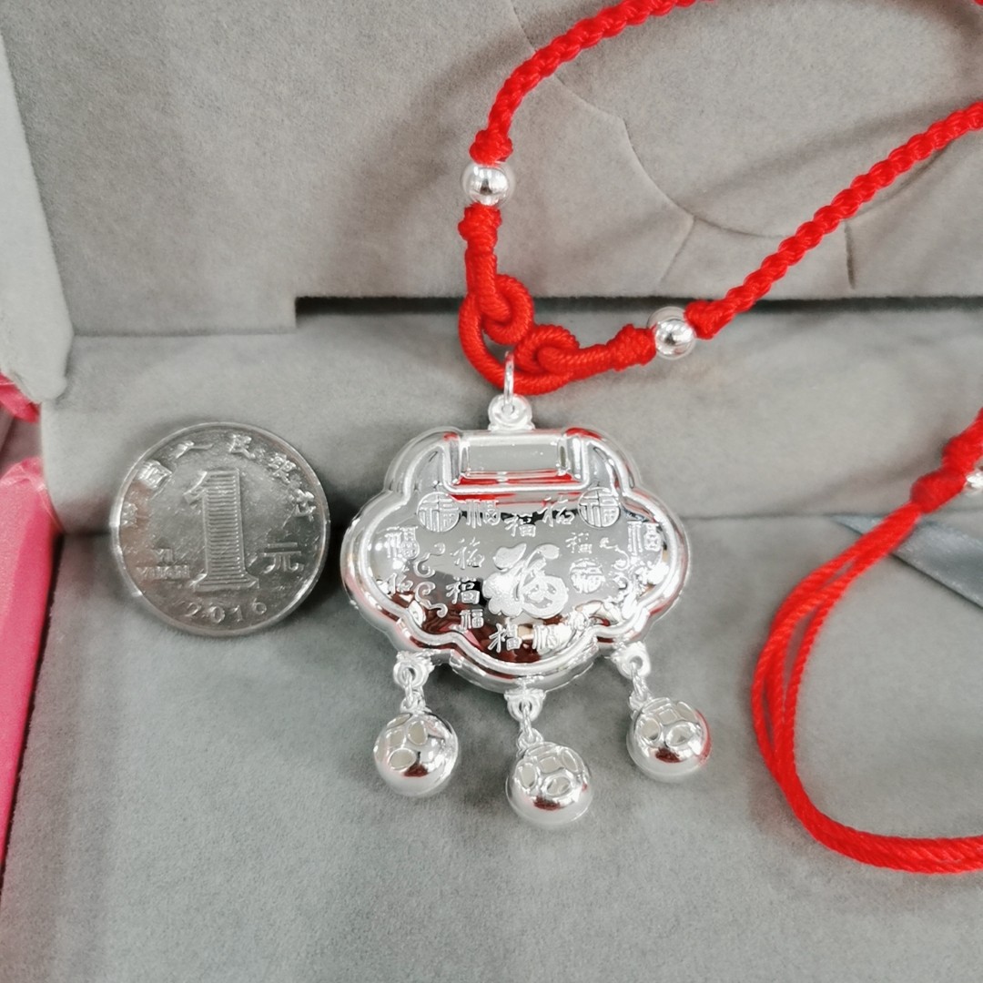 990纯银百福长命锁转运珠手工红绳编织项链周岁宝宝儿童节礼品