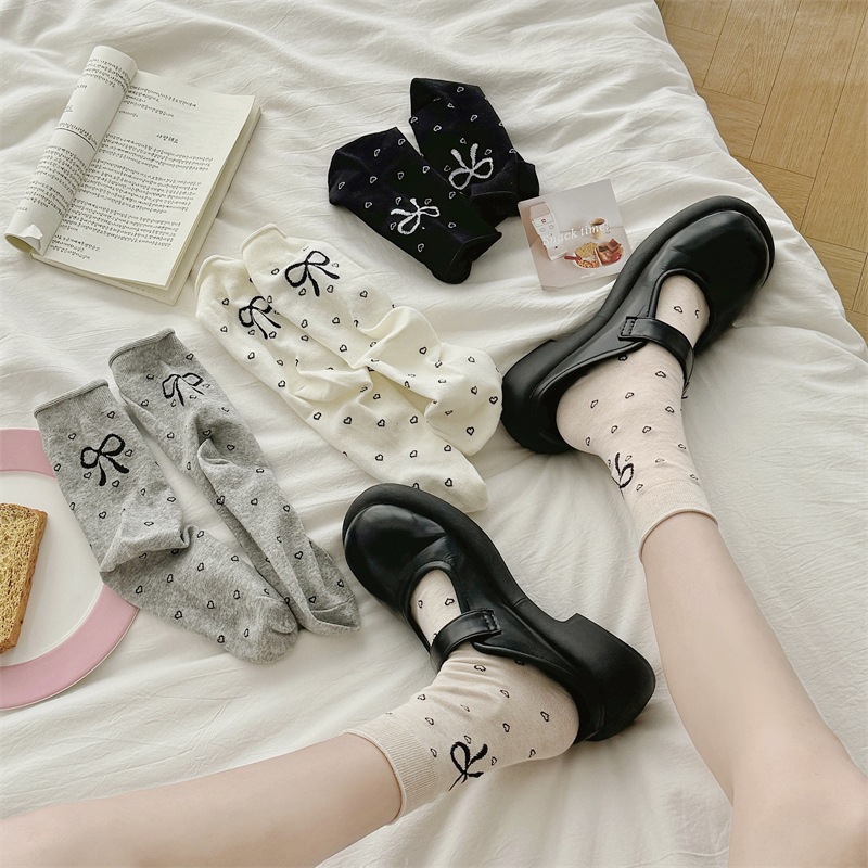 精梳棉卷边蝴蝶结爱心女袜夏季薄款网红jk芭蕾风少女黑白灰中筒袜