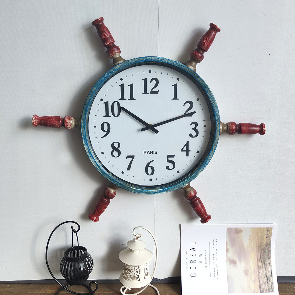 地中海轮盘复古创意挂钟静音客厅酒店装修时钟实木铁艺式走廊钟表