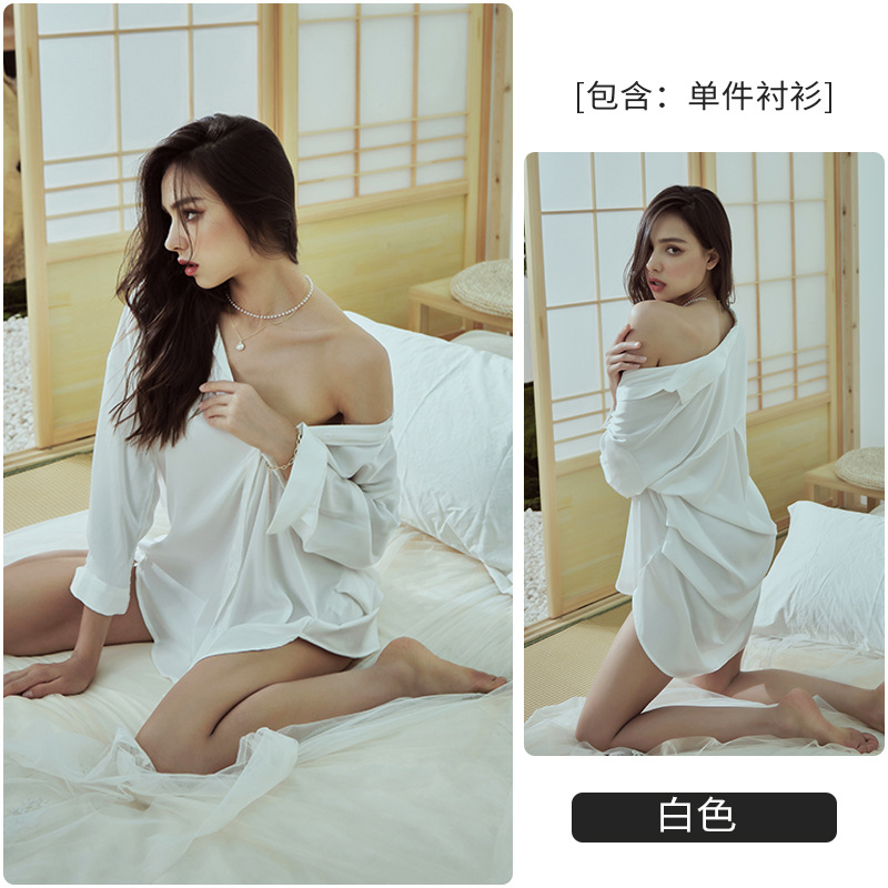 Miss Xingdong European and American Underwear Ice Silk Sexy Pajamas Women Autumn Winter Shirt Sexy Night Skirt Suit 028