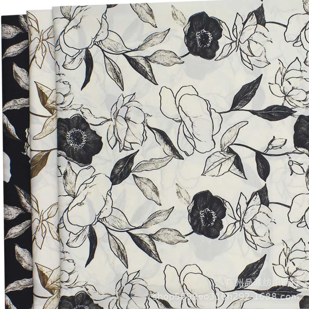 破卡平纹缎印花水墨素描花雪纺印花布春夏女连衣裙半身裙衬衫面料