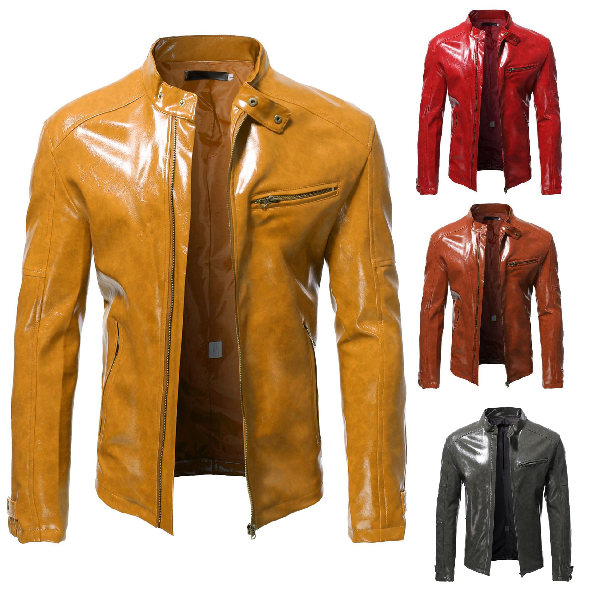 跨境2023秋冬新款欧美男士pu皮衣立领朋克机车皮夹克外套一件代发