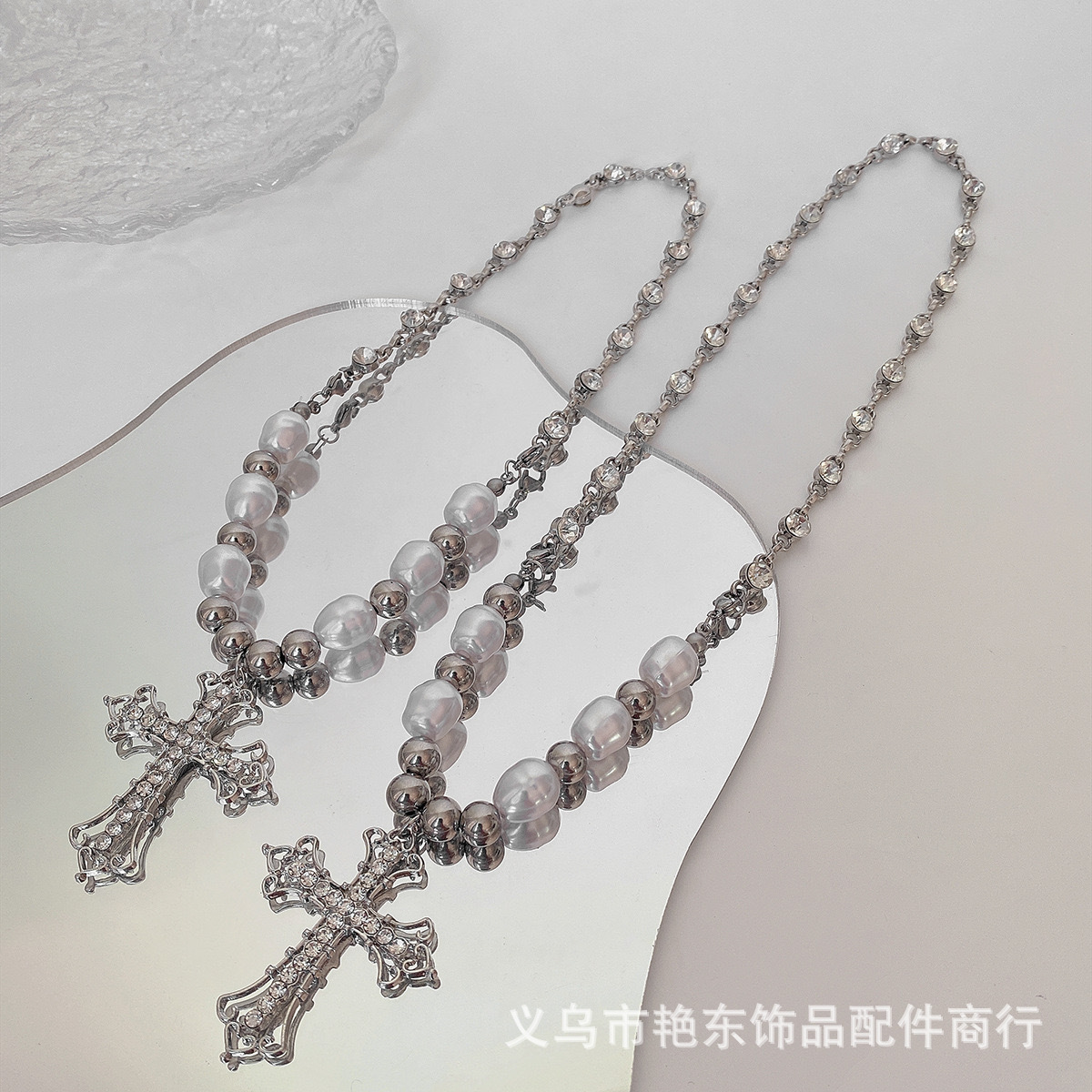 Titanium Steel New Niche Diamond Cross Stitching Short Pearl Necklace Trendy Hot Girl Sweet Cool Punk Necklace Does Not Fade