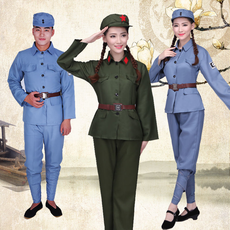 成人男女绿军装黄解放军八路红军元旦红歌大合唱演出衣服舞蹈服装