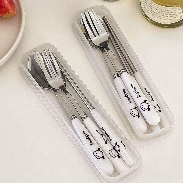 日式餐具高颜值不锈钢勺子叉子筷子草莓小狗牛奶可爱套装收纳盒