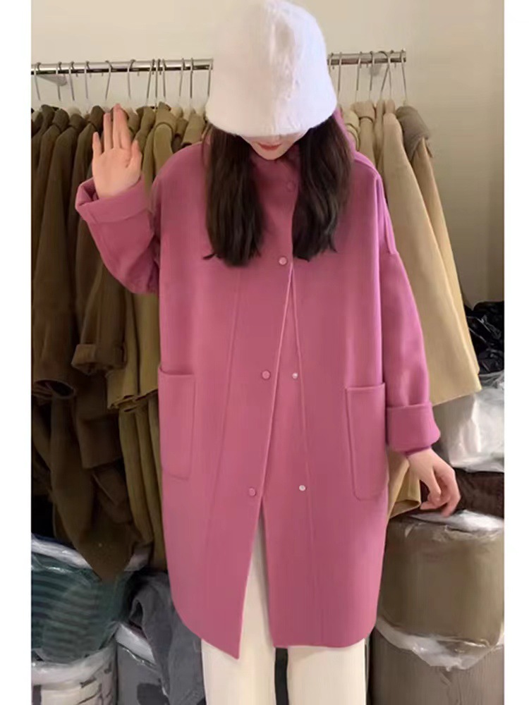 连帽双面羊绒大衣女宽松中长款小个子高品质玫粉色慵懒羊毛呢外套