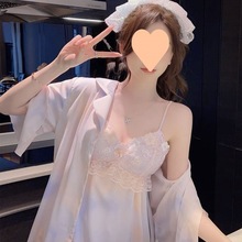 纯欲风睡衣女夏季蕾丝吊带套装冰丝家居服四件套薄款