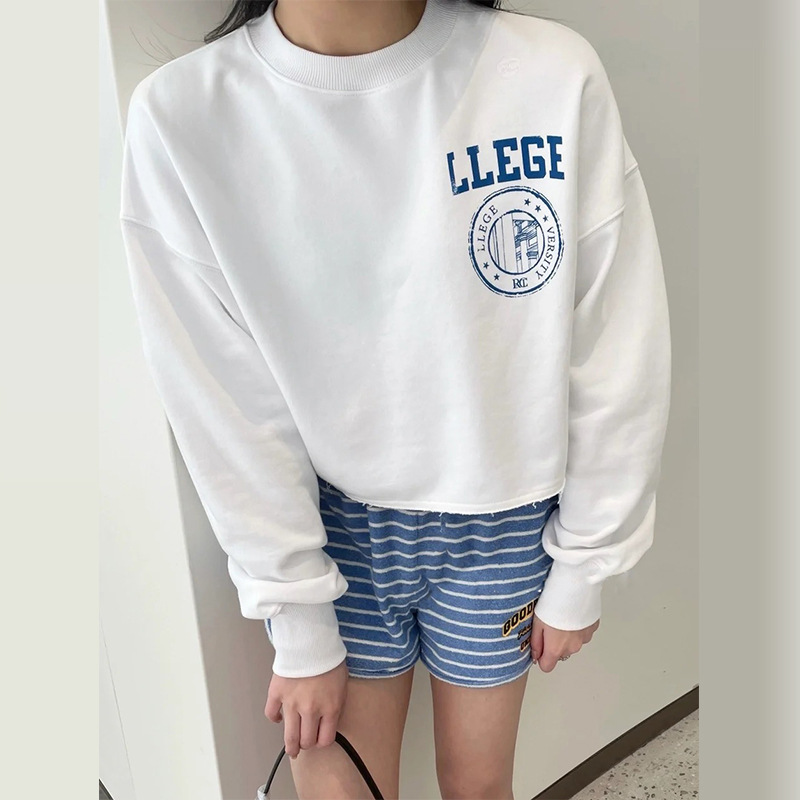 韩国小众车静媛同款rc字母经典logo 印花纯棉复古短款露腰卫衣女