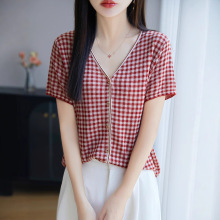2025年夏季新款天丝莱赛尔V领针织开衫短袖女衬衫格子设计感上衣