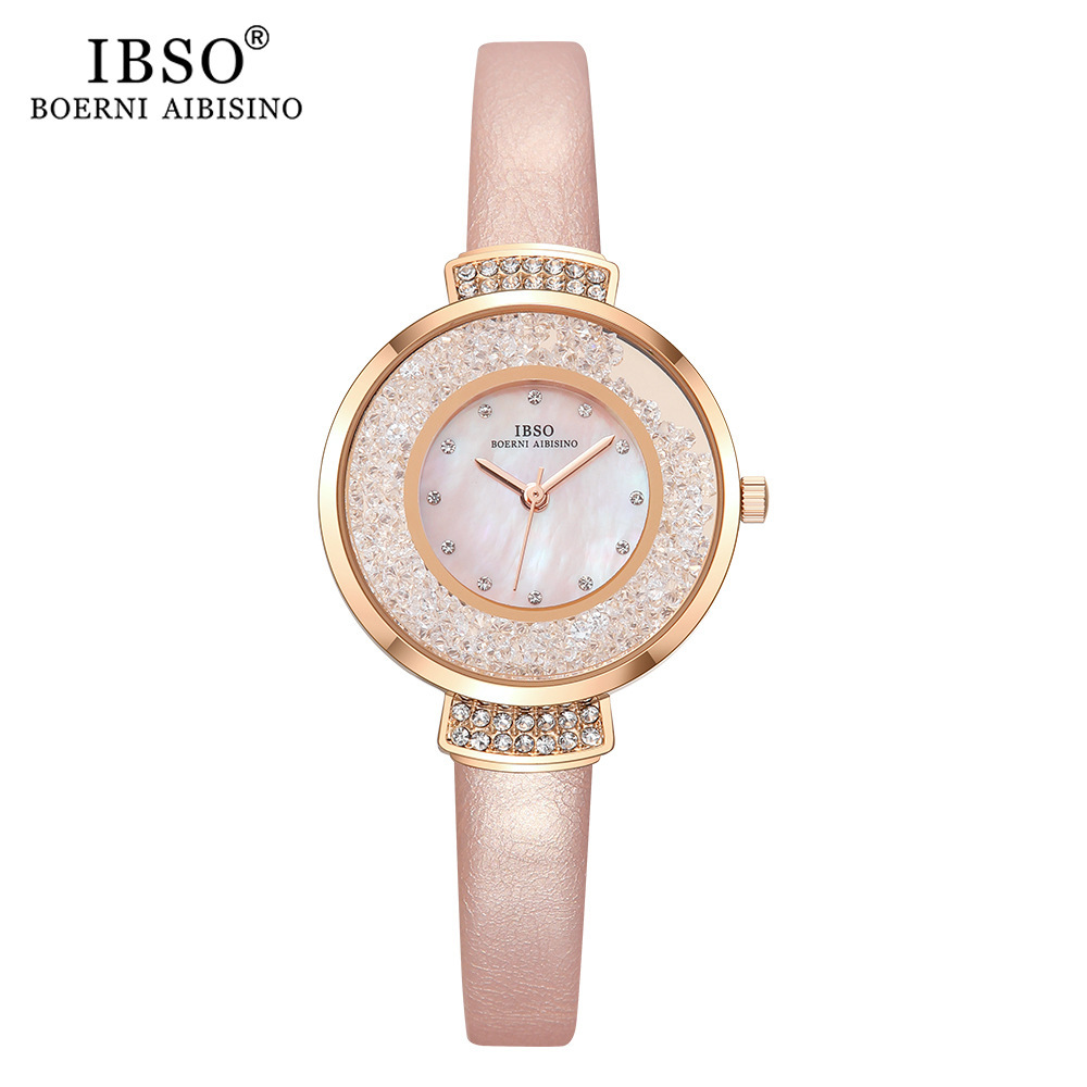 ibso爱彼思诺新款贝母女士手表满天星法式流沙钻轻奢粉色皮带女表