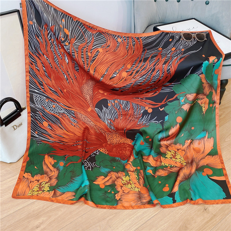 2022 Spring and Summer New Imitated Silk Scarves Women's Retro Ethnic Style Goldfish Pattern Printing Air Conditioner Long Shawl