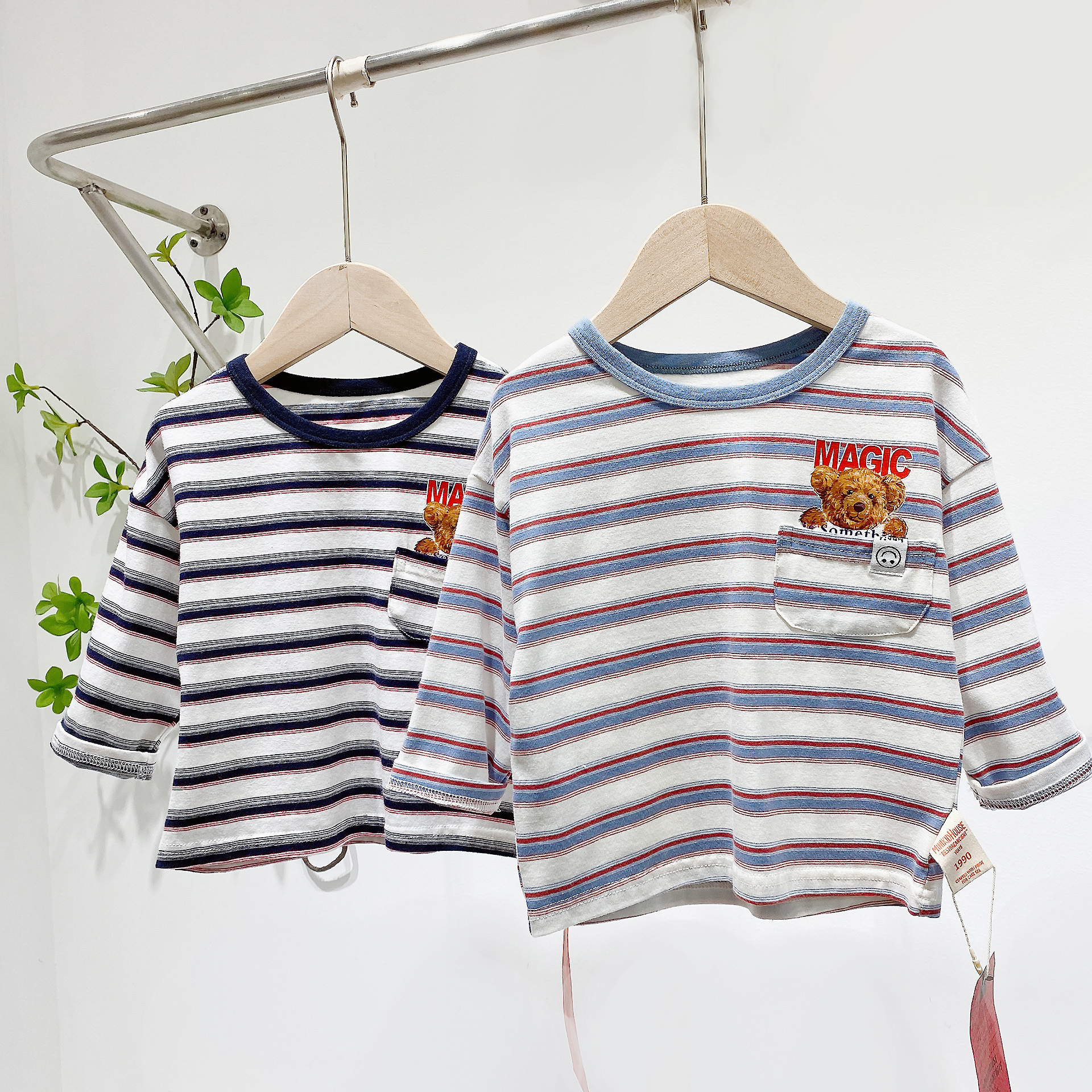 minina小勇士童装2021秋季新品儿童男女童长袖上衣条纹棉质t恤