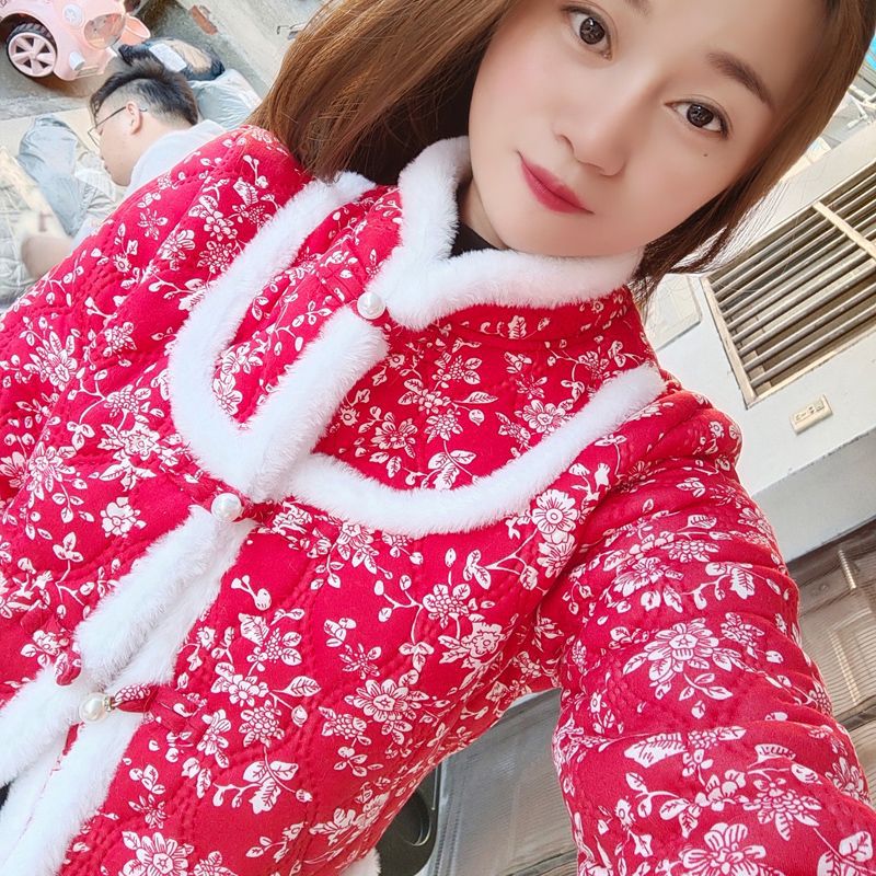 网红爆款东北花棉袄加绒加棉盘扣棉服妈妈装外套民族风新年棉衣女