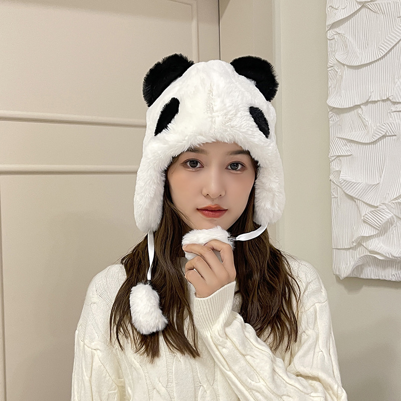 2021冬季新款熊猫毛绒帽子女加厚保暖韩版时尚可爱情侣护耳雷锋帽