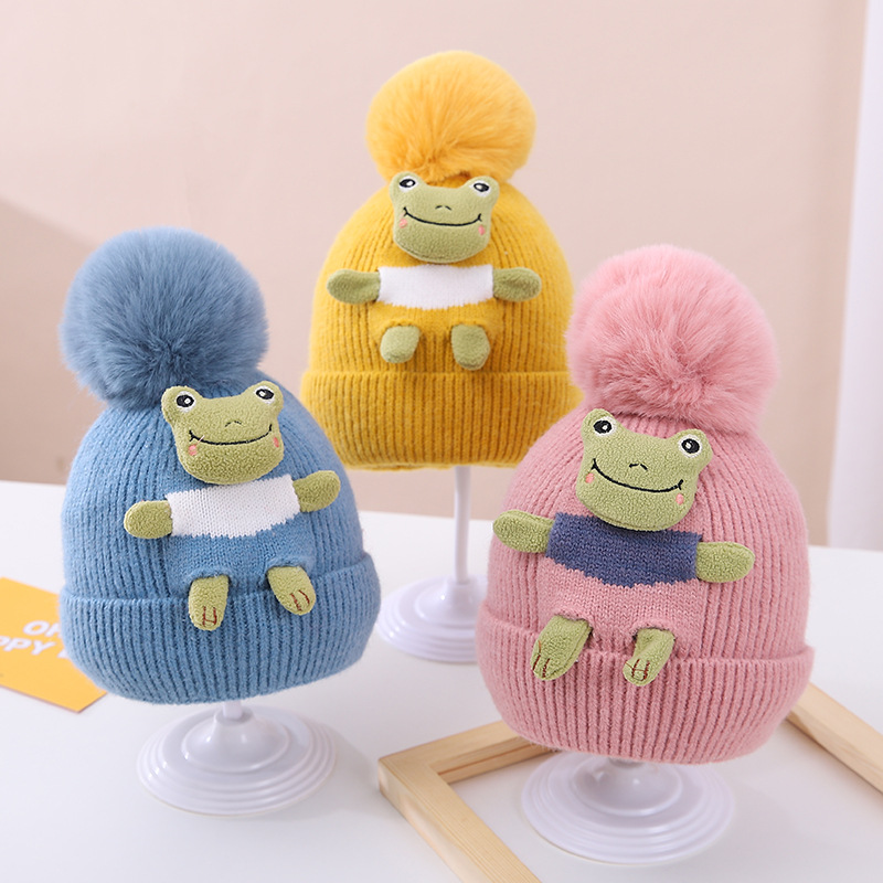 Children's Wool Hat Korean Ins Fur Ball Thickened Winter Cartoon Frog Boy and Girl Baby Warm Knitted Hat