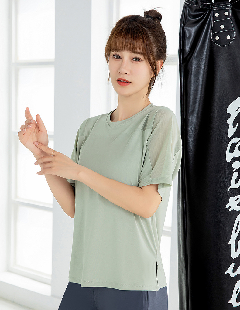 瑜伽服上衣女大码宽松速干t恤跑步运动短袖女网纱排汗女士健身衣