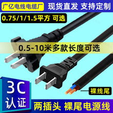 两插国标电源线2芯带插头两项二脚单裸线尾吹风机0.75/1/1.5平方