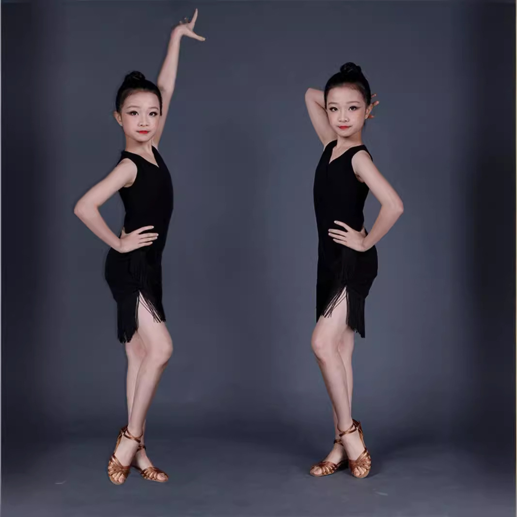 儿童拉丁舞服女童练功服少儿比赛舞蹈裙夏流苏新款规定拉丁演出服
