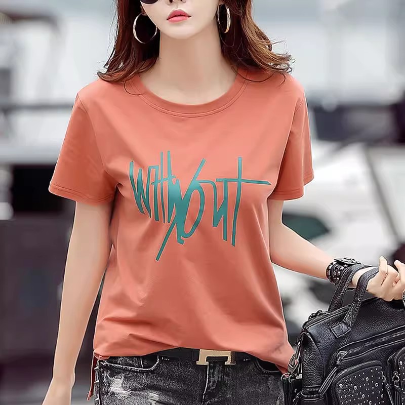 Cotton Loose Printed Short-Sleeved T-shirt Women's Fat Girl Belly Covering Slim Looking Large Size Women's Wear Top All-Matching Base Clothes