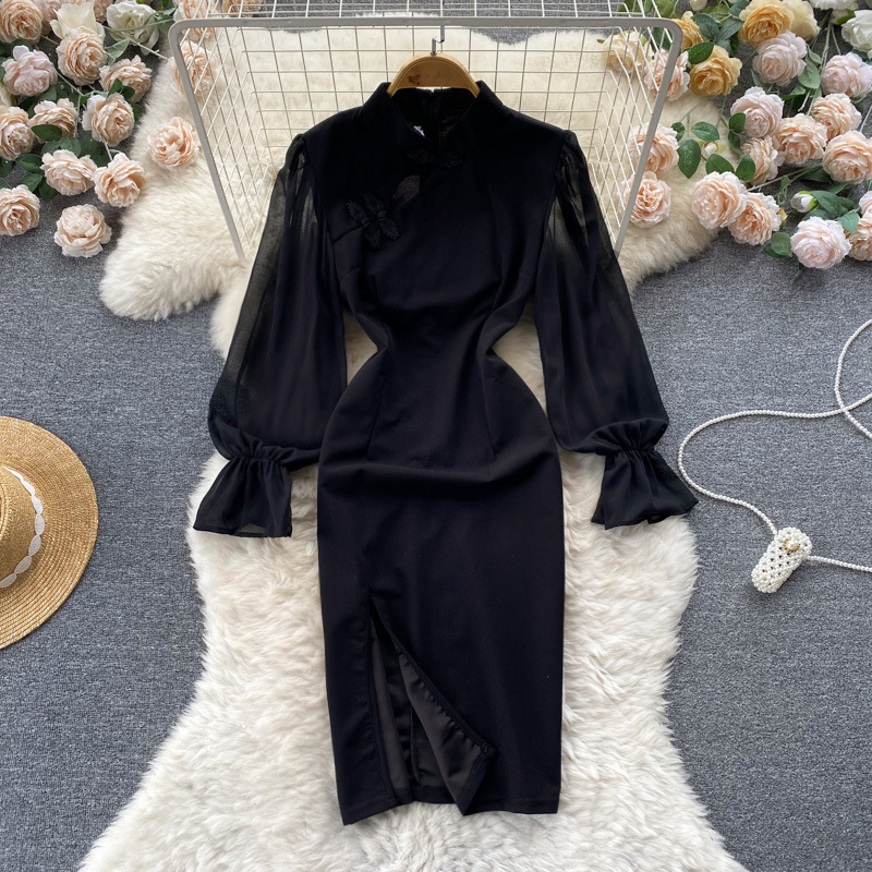 秋季新款国风气质性感旗袍设计感修身连衣裙女长袖收腰开叉包臀裙