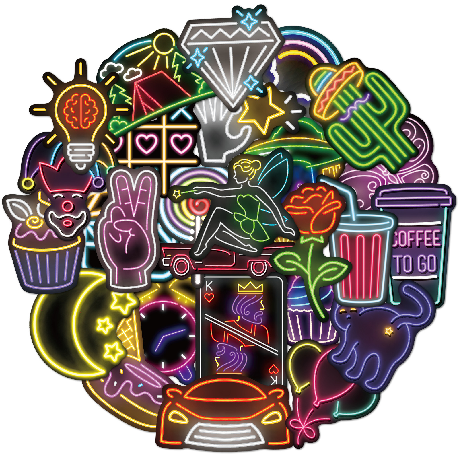 80张原宿风霓虹灯led炫彩涂鸦贴纸汽车摩托电脑滑板拉杆箱行李箱