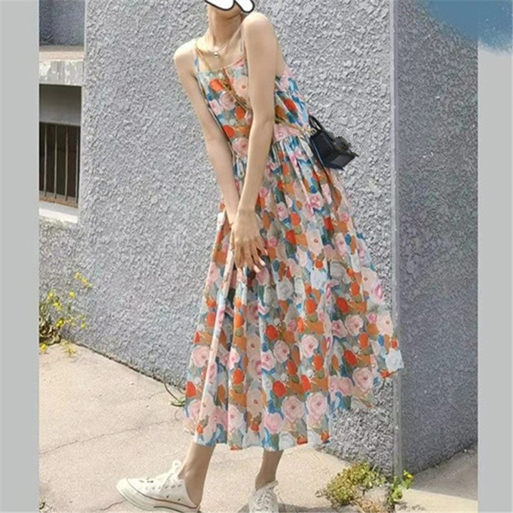 2023 summer new french retro oil painting printing slip dress design temperament waist-tight floral dress