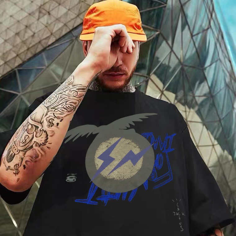 travis scott联名闪电发泡印花潮牌宽松美式嘻哈情侣圆领短袖t潮