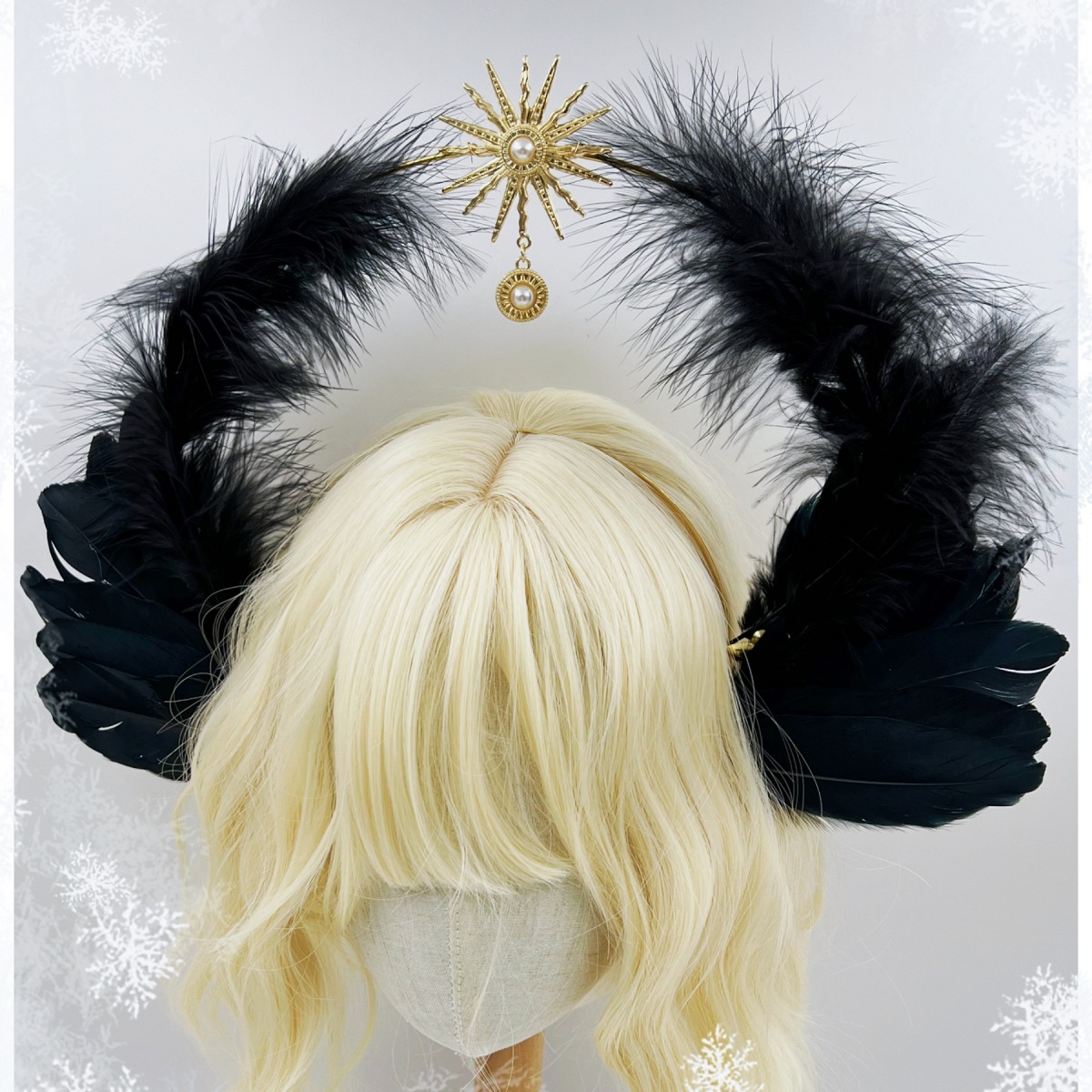 lolita洛丽塔圣母光环头饰发饰华丽黑色羽毛发簪头冠走秀拍照道具