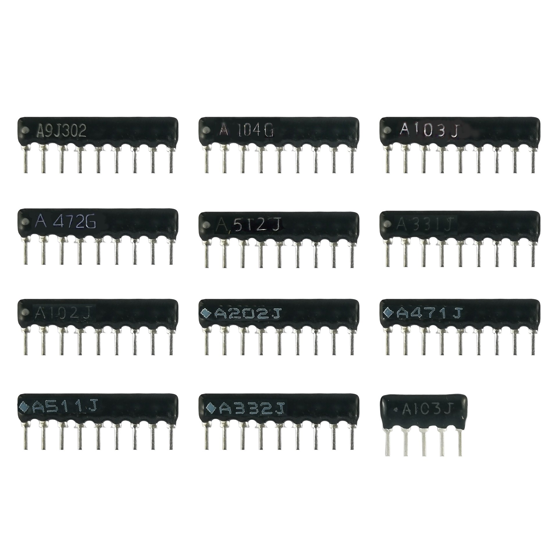 a102/331/471g j直插排阻电阻330r 470r-510k 4/5/6/7/9/10p脚￥0.