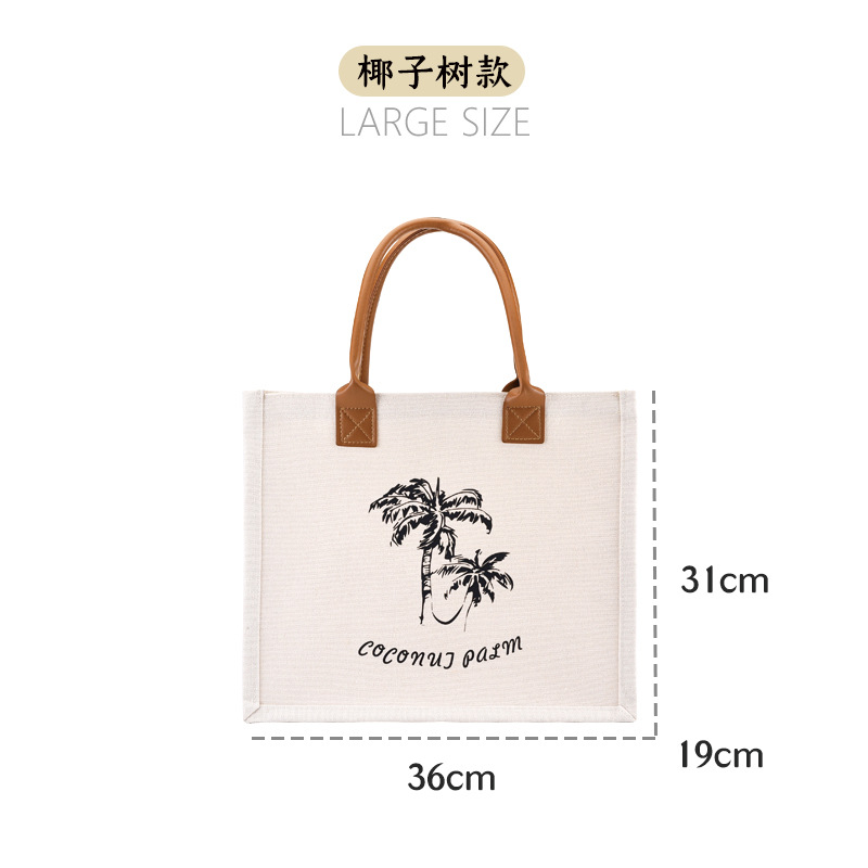 Portable Canvas Bag Large Capacity PU Leather Portable Shopping Bag Character Printing Commuter Tote Canvas Bag
