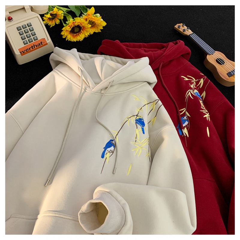 新中式酒红色卫衣男秋冬国潮牌加绒加厚中国风宽松情侣连帽上衣男