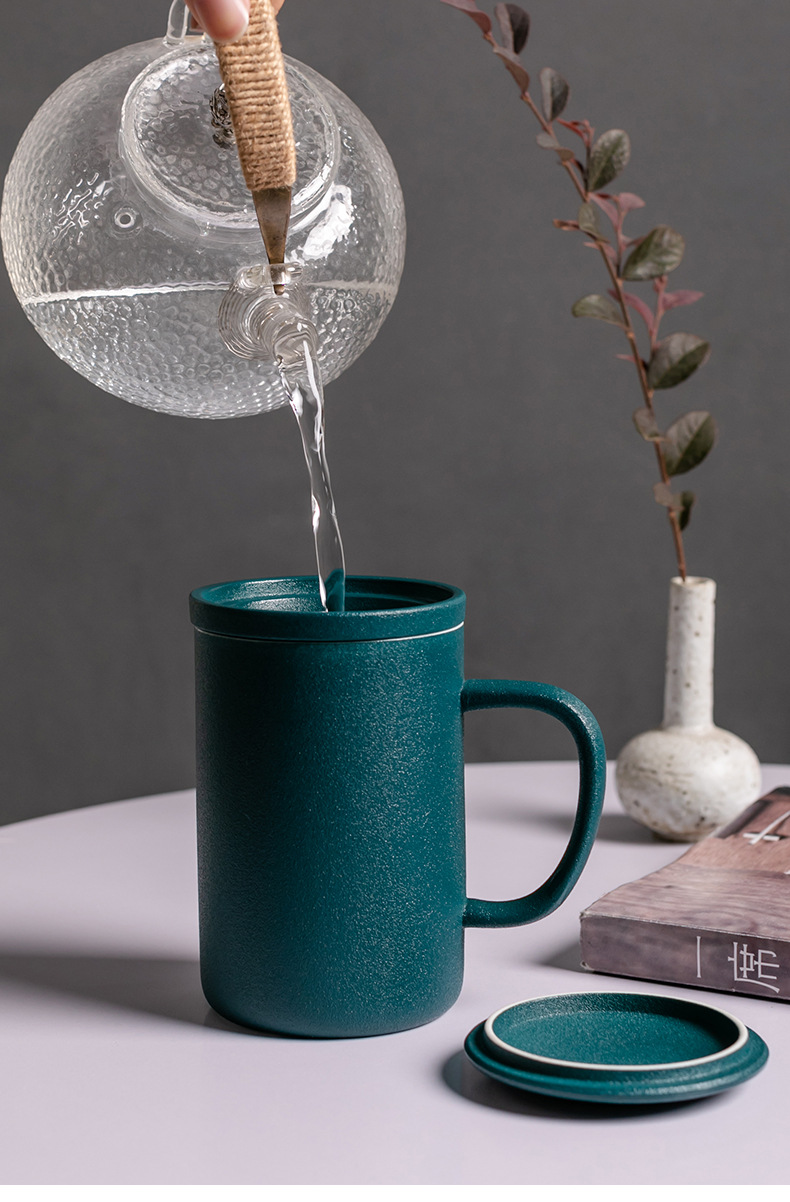 创意木柄陶瓷泡茶杯 带盖过滤茶杯茶水分离杯子花茶杯办公杯定制