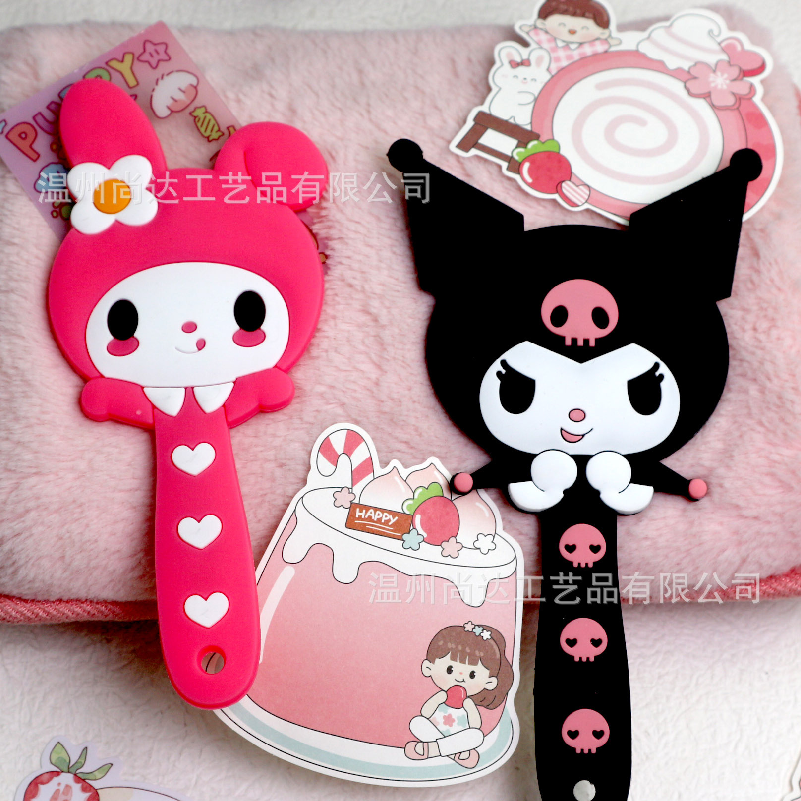 日系三丽鸥库洛米手柄镜卡通随身镜可爱便携新款化妆镜软胶手持镜