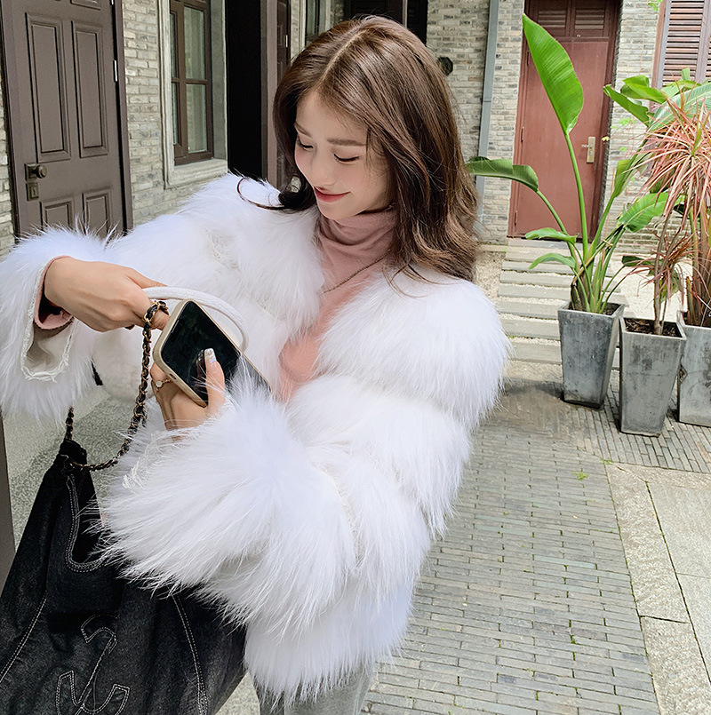 欧货车条貉子毛皮草外套女短款皮毛一体毛毛大衣白色蕾丝仙女风