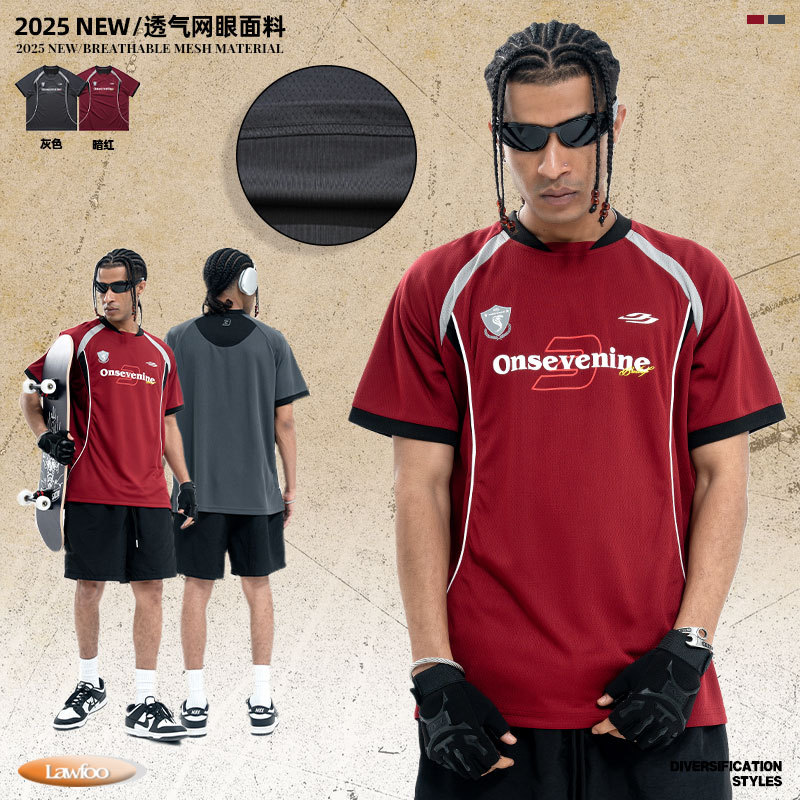 Lawfoo美式复古球衣t恤男夏季拼接速干网眼赛车服短袖拼接冰球服