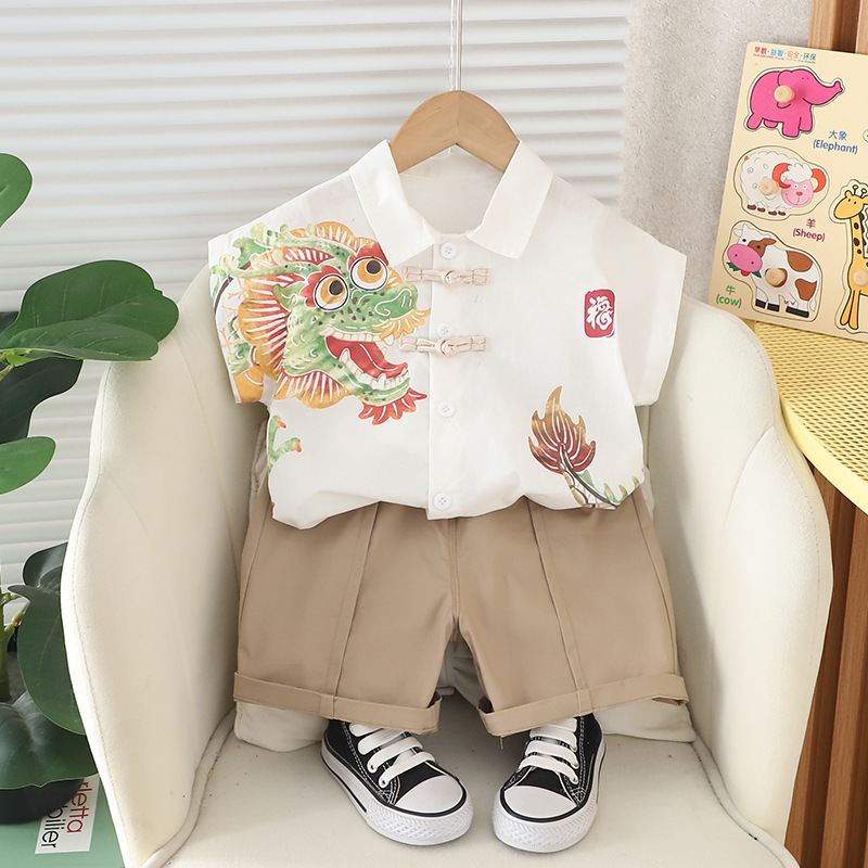 2024 Summer New Boys' Lapel National Style Shirt Short Sleeve Suit Boys' Casual Shorts Two-Piece Set