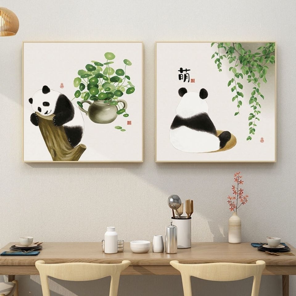 新中式餐厅装饰画日式可爱熊猫卧室壁画客厅沙发背景墙装饰画挂画