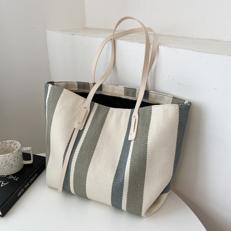 Women's Korean-Style Large-Capacity Shoulder Bag 2021 New Simple Vertical Stripes Casual Tote Bag Fashion Handbag