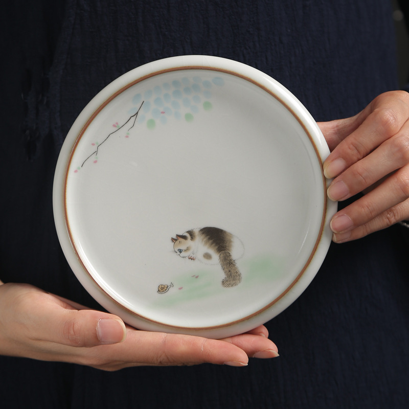 汝窑猫咪家用果盘水果零食盘家用壶承干泡台托盘壶托功夫茶具配件