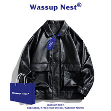 WASSUP NEST美式棒球服男春秋季潮牌宽松飞行员拼接pu皮夹克外套