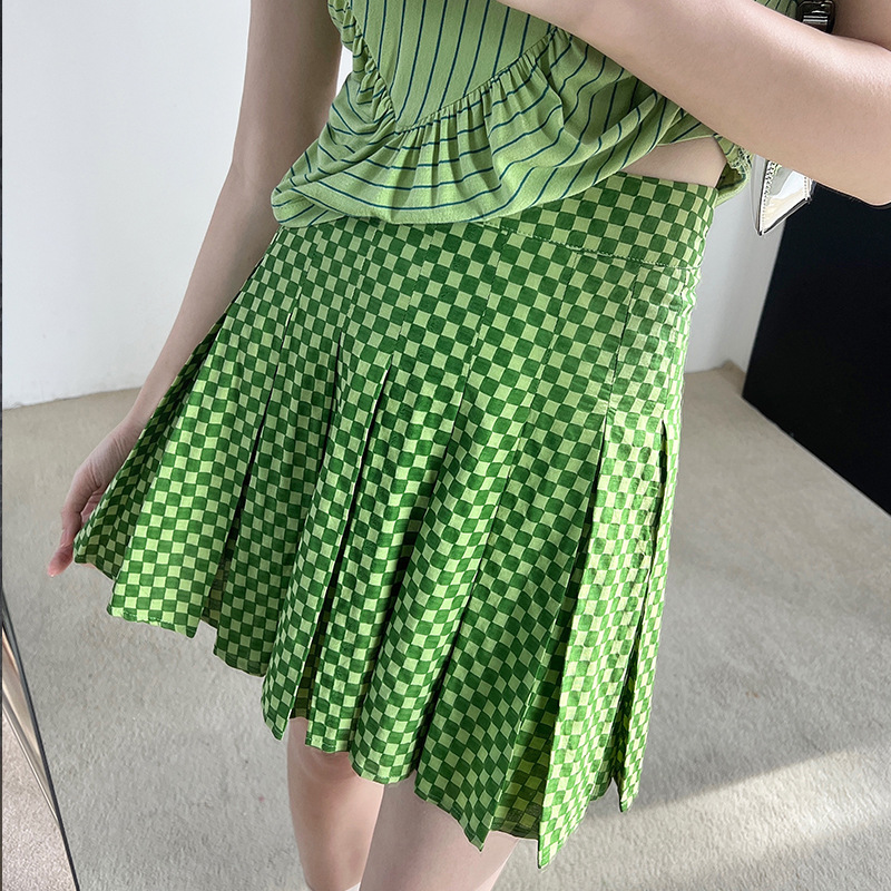 unity mode绿色棋盘格子短裙女夏新款显瘦遮肚辣妹高腰a字百褶裙
