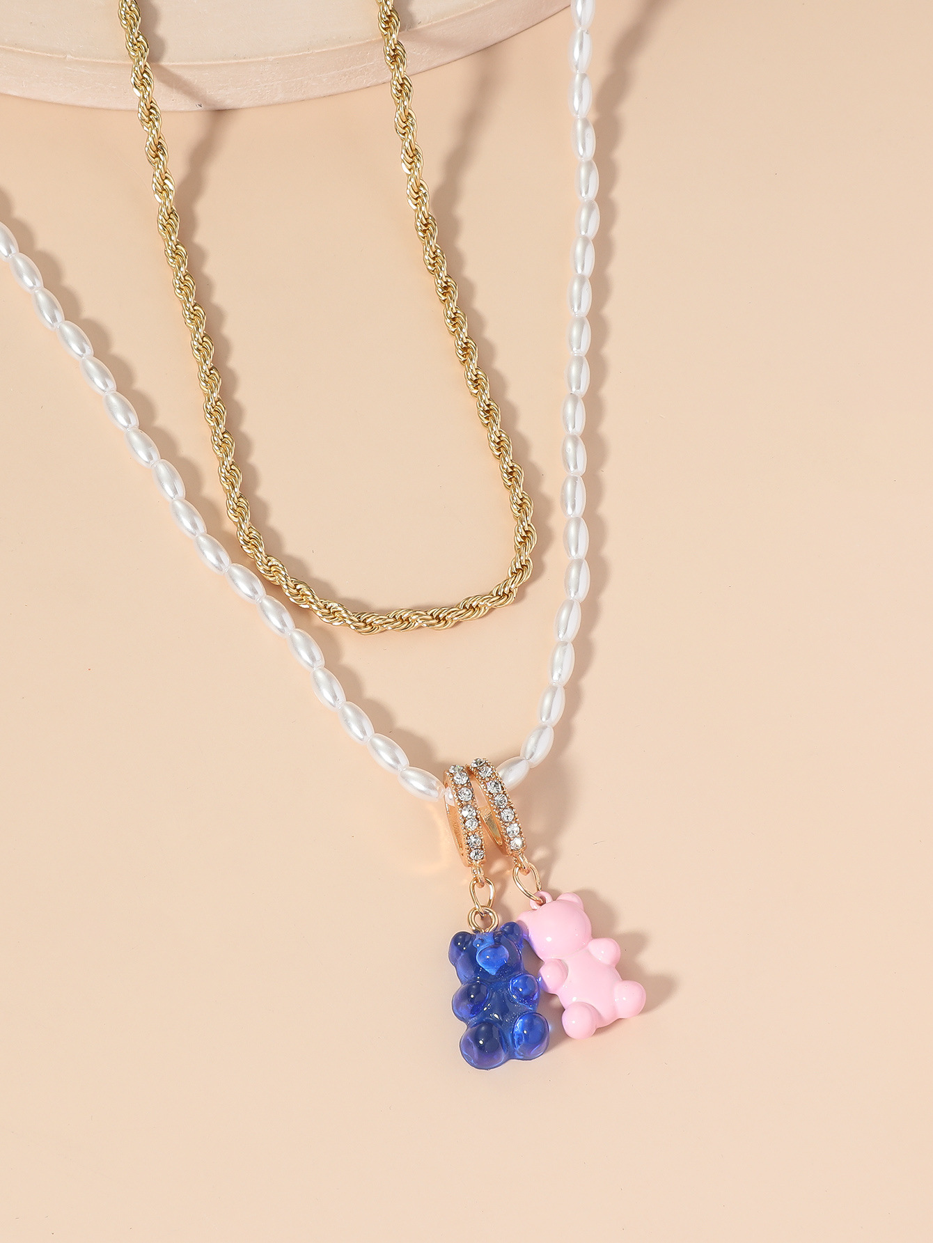 欧美跨境新款珍珠项链 ins可爱双色小熊锁骨链两件套装吊坠项链女