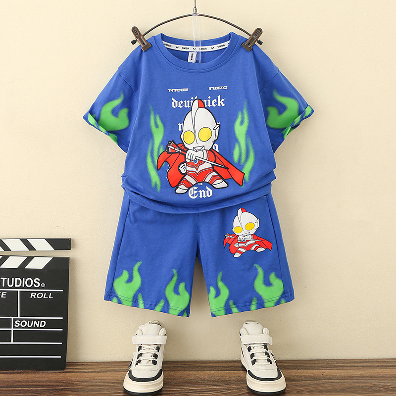 奥特曼衣服男童夜光短袖套装网红炸街宝宝夏装帅气休闲两件套薄款