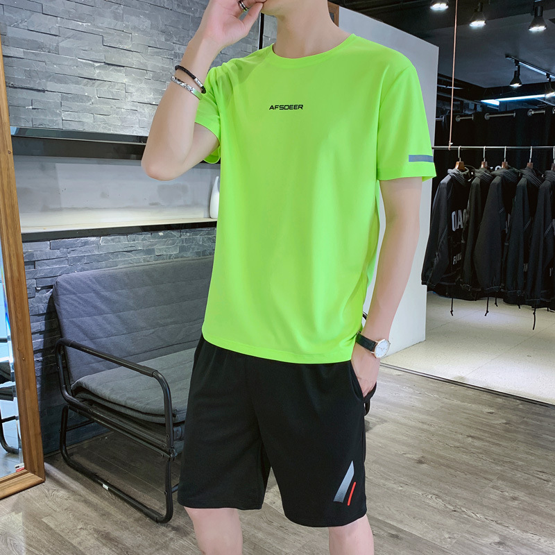 Sports Suit Men's Summer Ice Silk Short Sleeve T-shirt Two-Piece Fitness Loose Clothes Casual Running Sportswear