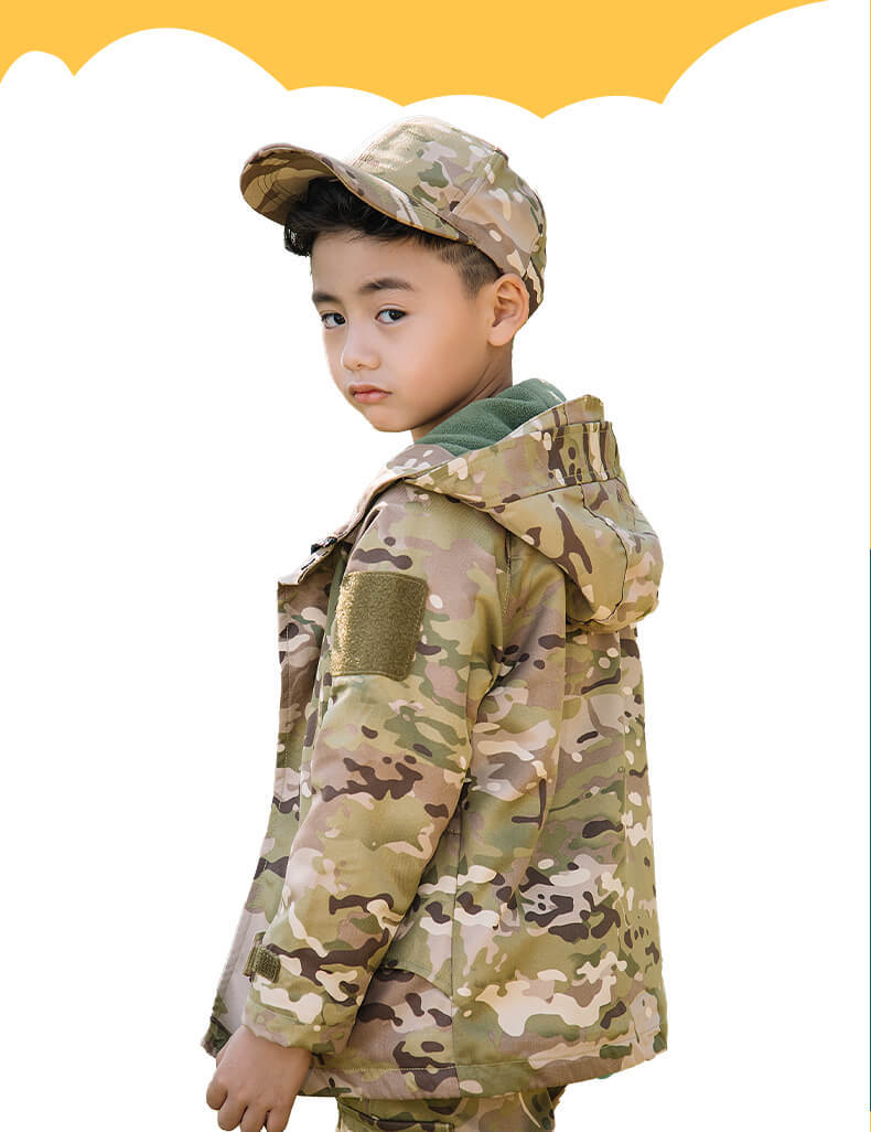 策马儿童迷彩服套装男冬季加绒保暖防风冬令营户外拓展训练服装女