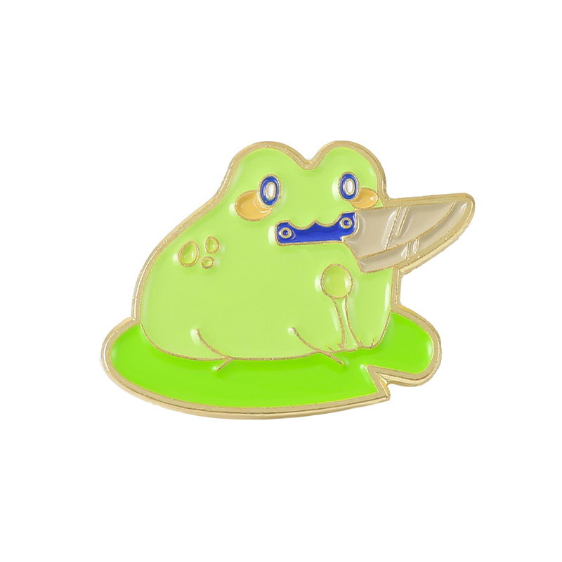 European and American Cartoon Animal Ka AI Brooch Frog Bottle Golden M Badge Electroplating Pin Frog Green with Knife