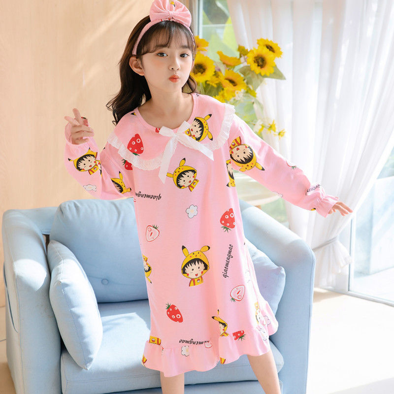 Children's Lingerie Long Sleeve & Girls' Spring and Autumn Pure Color Cotton Ocean Princess Children Home Wear Girl Cartoon Korean Skirt