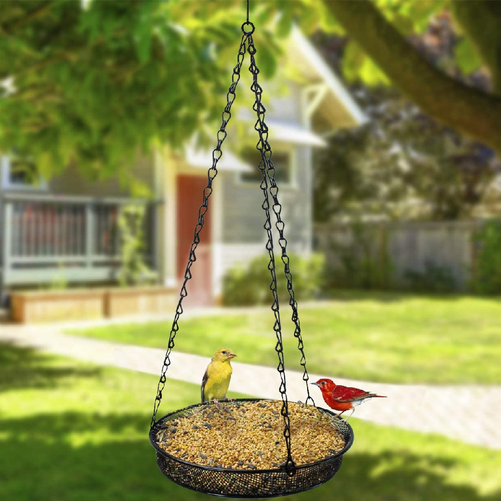 悬挂式金属喂鸟器 户外阳台带链条圆网盘形蜂鸟喂食器 现货批发